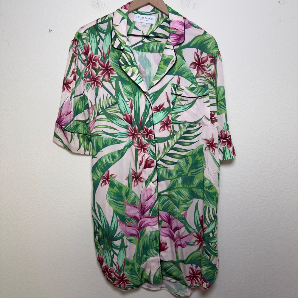 Bed‎ To Brunch Women Pajama Shirt Dress XS Tropical Floral Pink Green
